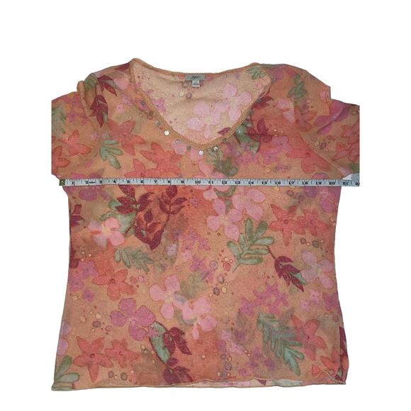 J. Jill Sheer Mesh Top Y2K Floral Top Embellished Peach Size Large - Picture 5 of 6
